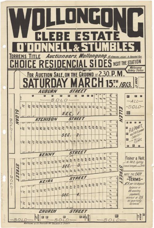 Wollongong Glebe Estate [cartographic material] / O'Donnell & Stumbles, auctioneers, Wollongong, choice residencial [sic] sides [sic] next the station for auction sale, on the ground at 2.30 p.m. Saturday March 15th 1913