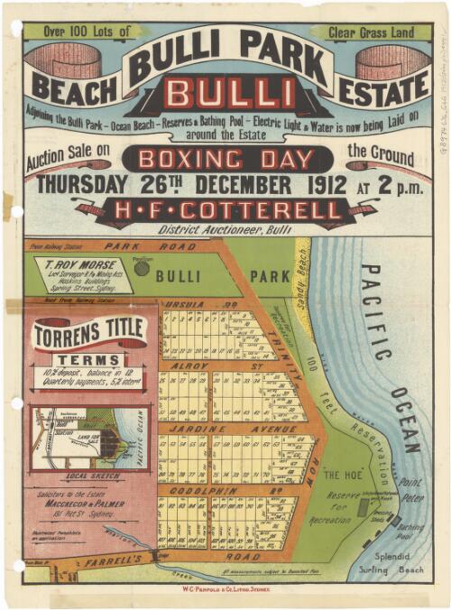 Beach Bulli Park Estate, Bulli [cartographic material] : auction sale on the ground, Boxing Day, Thursday 26th December 1912 at 2 p.m. / H.F. Cotterell, district auctioneer, Bulli