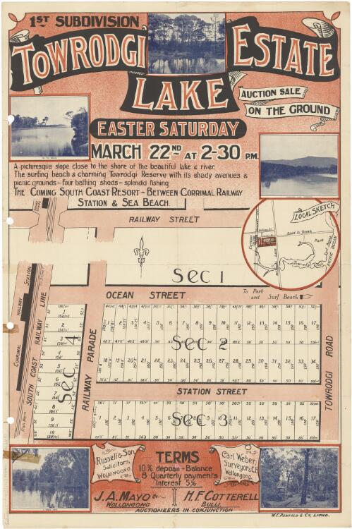 1st subdivision, Towrodgi Lake Estate [cartographic material] : auction sale on the ground, Easter Saturday, March 22nd at 2.30 p.m. / J. A. Mayo, Wollongong, H.F. Cotterell, Bulli, auctioneers in conjunction