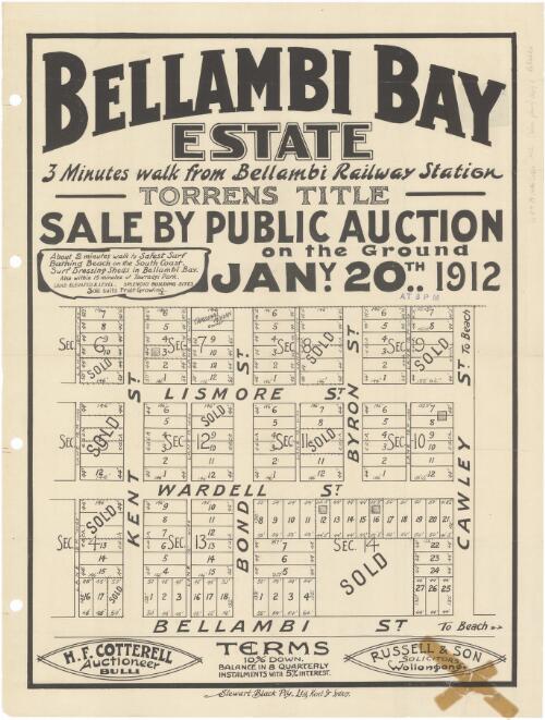 Bellambi Bay Estate [cartographic material] : 3 minutes walk from Bellambi Railway Station ; sale by public auction on the ground Jany. 20th 1912 at 3 p.m. / H.F. Cotterell, auctioneer, Bulli