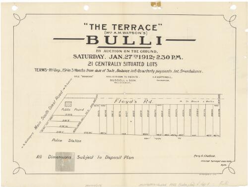 The Terrace (Mrs A.M. Watson's), Bulli [cartographic material] : 21 centrally situated lots / by auction on the ground, Saturday, Jan. 27th, 1912, 2.30 p.m. ; H.F. Cotterell, auctioneer