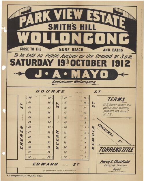 Park View Estate, Smith's Hill, Wollongong [cartographic material] : close to the surf beach and baths to be sold by public auction on the ground at 3 p.m. Saturday 19th October 1912 / J.A. Mayo, auctioneer, Wollongong