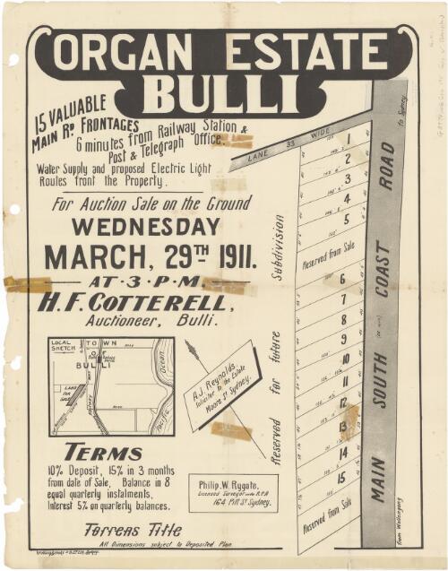 Organ Estate Bulli [cartographic material] : 15 valuable Main Rd. frontages, 6 minutes from Railway Station & Post & Telegraph Office for auction sale on the ground Wednesday March 29th 1911 at 3 p.m. / H.F. Cotterell, auctioneer, Bulli