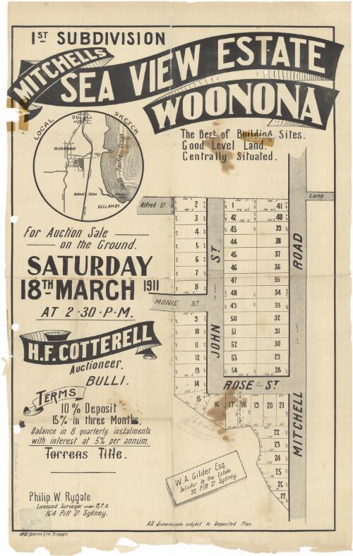 1st subdivision, Mitchells Sea View Estate, Woonona [cartographic material] : the best of building sites, good level land centrally situated ; for auction sale on the ground Saturday 18th March 1911 at 2.30 p.m. / H.F. Cotterell, auctioneer, Bulli