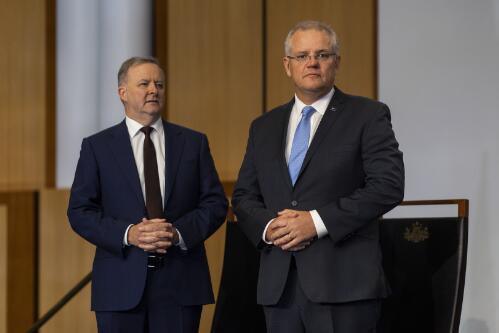 Leader of the Opposition Anthony Albanese and Prime Minister Scott Morrison in the Great Hall at Parliament House for the Welcome to Country to open the 46th Parliament of Australia, Canberra, 2 July 2019 / Sean Davey