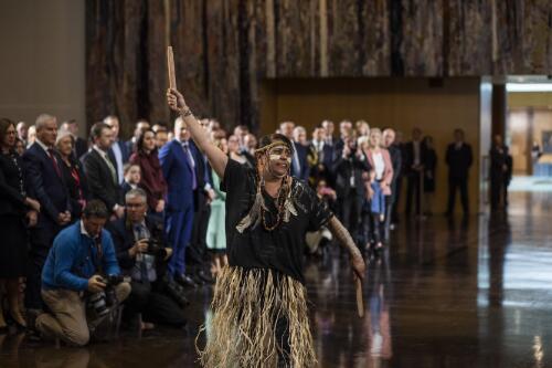 Ngambri dancers performing in the Great Hall at Parliament House for the Welcome to Country to open the 46th Parliament of Australia, Canberra, 2 July 2019 / Sean Davey
