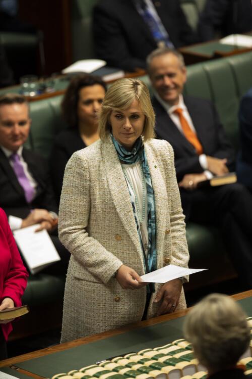 Newly elected independent Member of Parliament Zali Steggall being sworn-in in the House of Representatives prior to the opening of the 46th Parliament of Australia, Canberra, 2 July 2019 / Sean Davey