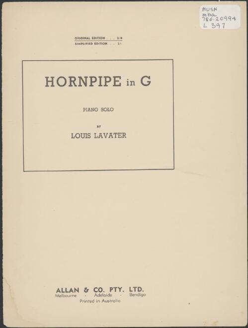 Hornpipe in G [music] : piano solo / Louis Lavater