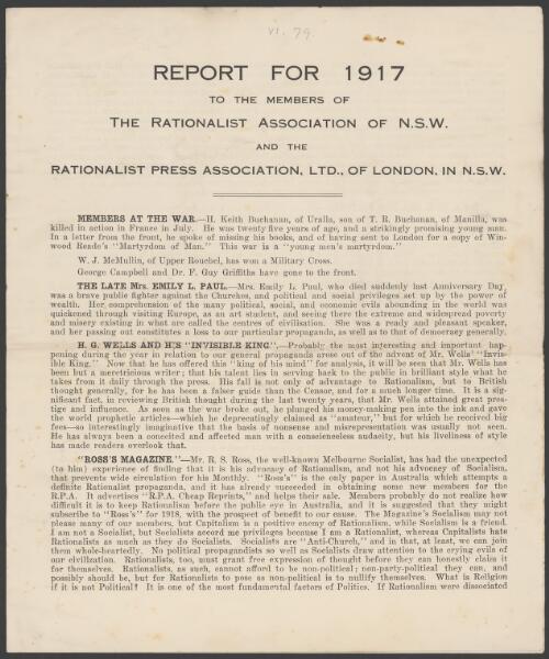 Report for ... to the members of the Rationalist Association of New South Wales and the Rationalist Press Association Limited of London in New South Wales