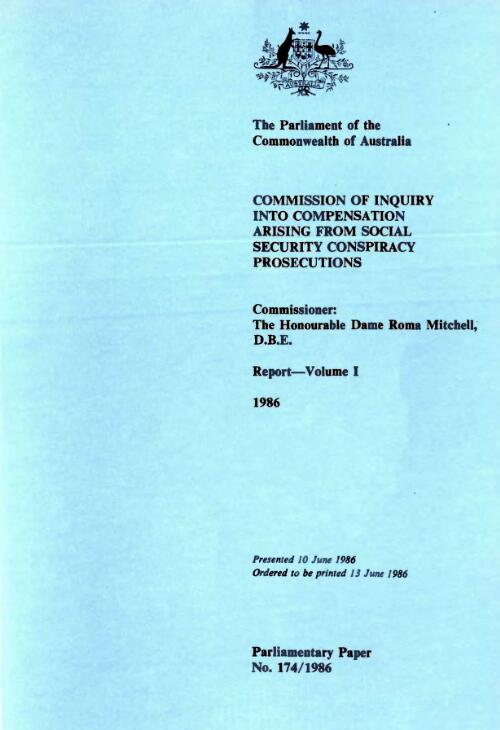 Commission of inquiry into compensation arising from social security conspiracy prosecutions. Report volume 1