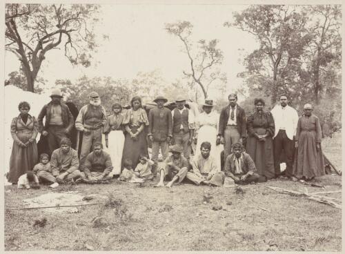 Large group of Aboriginal Australian men, women and children, New South Wales?, approximately 1895