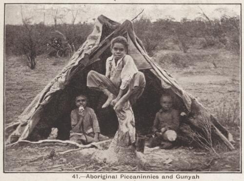 Three Aboriginal Australian children and a gunyah, approximately 1900