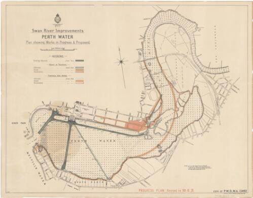 Swan River improvements, Perth Water [cartographic material] : plan showing works in progress & proposed / Public Works Department, Western Australia