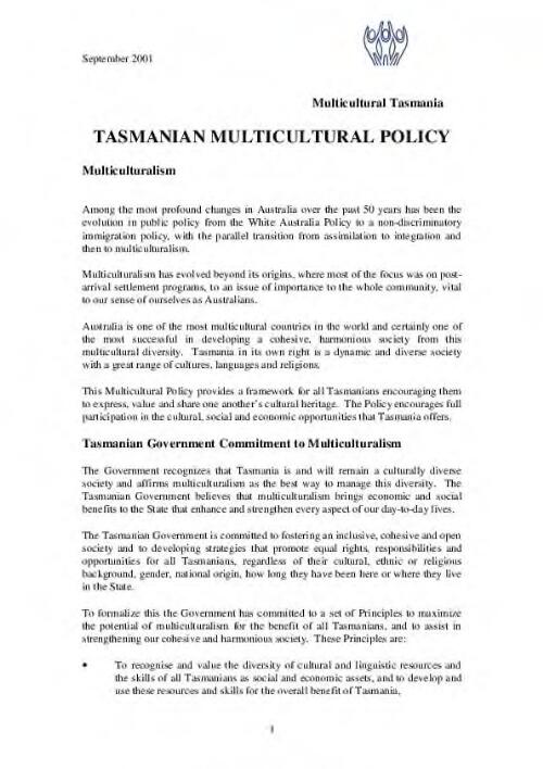 Tasmanian multicultural policy 2014 / Department of Premier and Cabinet, Community Development Division