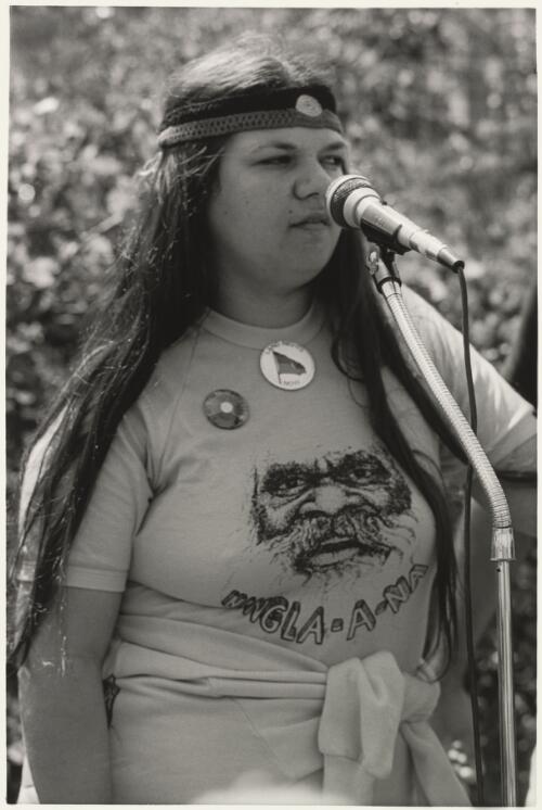 Cheryl Buchanan speaking at National Land Rights Action, Brisbane, Queensland, 1982 / Juno Gemes