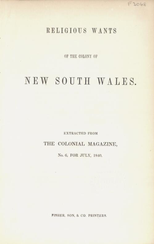 Religious wants of the colony of New South Wales