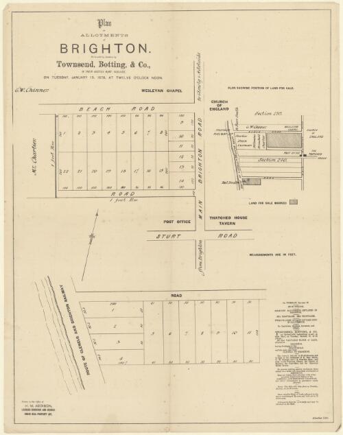 Plan of allotments at Brighton : to be sold by auction by Townsend, Botting & Co. in their auction mart, Adelaide, on Tuesday January 15 1878 at twelve o'clock noon [cartographic material] / drawn in the office of H.M. Addison, licensed surveyor and broker under Real Property Act
