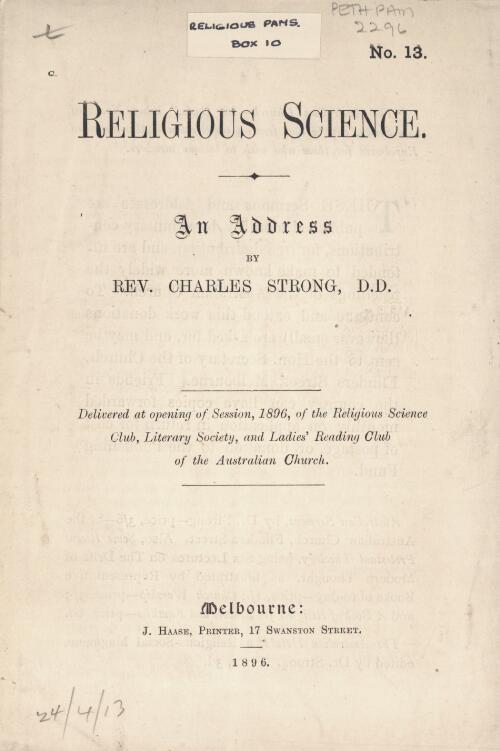 Religious science : an address / by Charles Strong