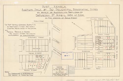 Port Kembla [cartographic material] : auction sale of 30 delightful residential sites on behalf of Australian Fertilizers Ltd., Saturday, 1st April, 1939 at 3 p.m., on the ground at Suvla Street / The Port Kembla General Agency Co. ... and Frank Bevan & Sons ... auctioneers in conjunction