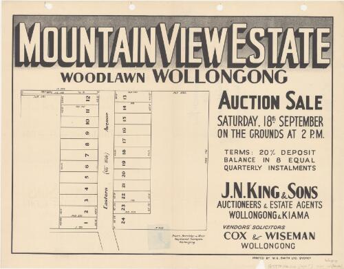 Mountain View Estate [cartographic material] : Woodlawn, Wollongong auction sale Saturday, 18th September on the grounds at 2 p.m. / J.N. King & Sons, auctioneers & estate agents Wollongong & Kiama