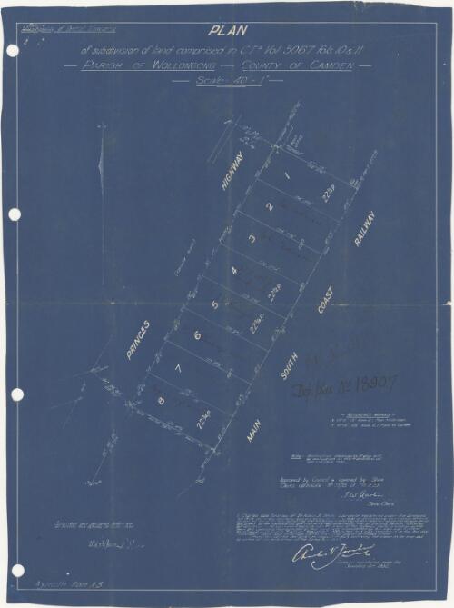 Plan of subdivision of land comprised in C.Ts. vol. 5067, fols. 10 & 11, Parish of Wollongong, County of Camden [cartographic material] / Charles V. Forshaw, surveyor