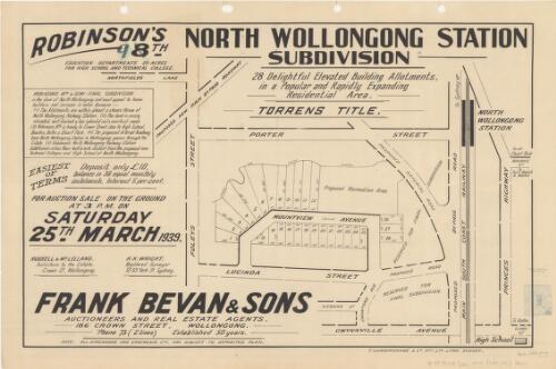 Robinson's North Wollongong Station 8th subdivision [cartographic material] : 28 delightful elevated building allotments, in a popular and rapidly expanding residential area ; for auction sale on the ground at 3 p.m. on Saturday, 25th March 1939 / Frank Bevan & sons, auctioneers and real estate agents, 186 Crown Street, Wollongong, 'phone 73 (2 lines) established 50 years
