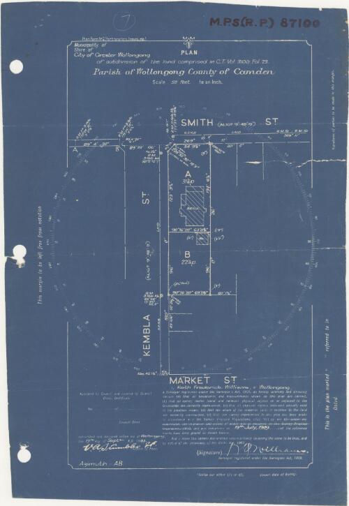 Plan of subdivision of the land comprised in C.T. vol. 3100 fol. 23 [cartographic material] : Parish of Wollongong, County of Camden / K.F. Williams, surveyor
