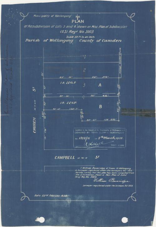 Plan of resubdivision of lots 3 and 4 shewn on misc. plan. of subdivision (O.S.) regd. no. 3003 [cartographic material] : Parish of Wollongong, County of Camden / William Beveridge, surveyor