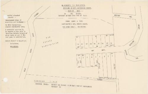 McAndrew's 1st. subdivision, Woodlawn Heights (Extension) Estate [cartographic material] : auction sale, on the ground, Saturday October 29th 1938 at 3 p.m. / Frank Bevan & Sons, auctioneers & real estate agents, 186 Crown Street, Wollongong