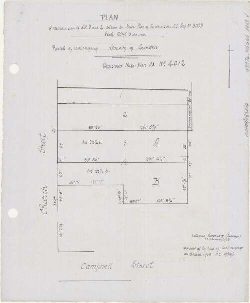 Plan of resubdivision of lot 3 and 4 shewn on misc. plan of subdivision O.S. reg. no. 3003, Parish of Wollongong, County of Camden [cartographic material] / William Beveridge, surveyor
