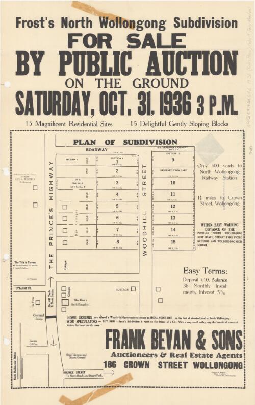 Frost's North Wollongong subdivision for sale [cartographic material] : by public auction on the ground Saturday, Oct.31, 1936 3 p.m. / Frank Bevan & Sons, auctioneers & real estate agents, 186 Crown Street, Wollongong