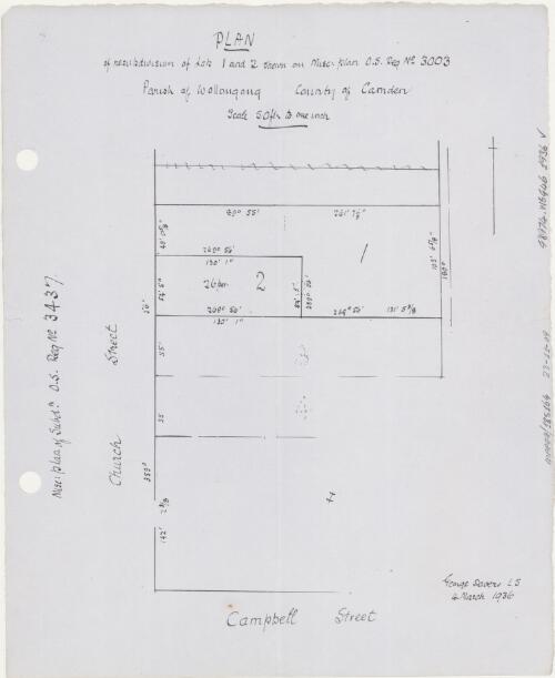 Plan of resubdivision of lots 1 and 2 shewn on misc. plan O.S. reg. no. 3003, Parish of Wollongong, County of Camden [cartographic material] / George Dovers, L.S