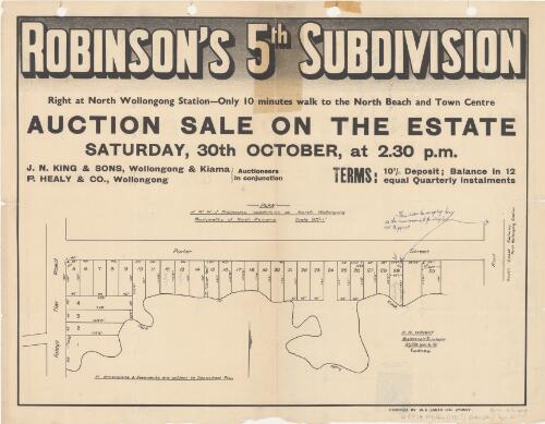 Robinson's 5th subdivision [cartographic material] : right at North Wollongong Station - only 10 minutes walk to the North Beach and town centre ; auction sale on the estate Saturday, 30th October, at 2.30 p.m. / J. N. King & Sons, Wollongong & Kiama, P. Healy & Co., Wollongong, auctioneers in conjunction