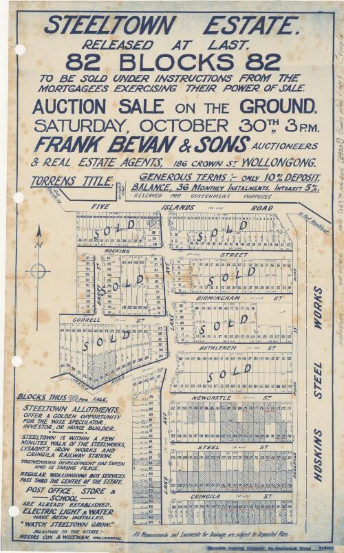 Steeltown Estate [cartographic material] : 82 blocks, released at last / to be sold under instructions from the mortgagees exercising their power of sale, auction sale on the ground, Saturday, October 30th, 3 p.m. ; Frank Bevan & Sons, auctioneers & real estate agents, 186 Crown Street, Wollongong
