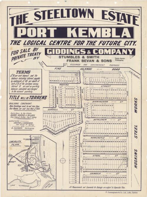 The Steeltown Estate, Port Kembla [cartographic material] : the logical centre for the future city : for sale by private treaty / by Giddins & Company