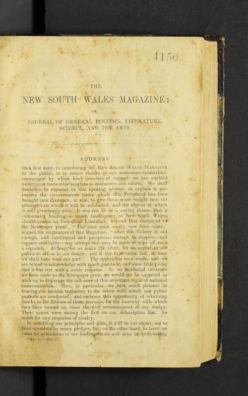 The New South Wales magazine, or, Journal of general politics, literature, science, and the arts
