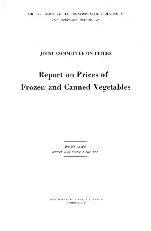 Report on prices of frozen and canned vegetables / Joint Committee on Prices
