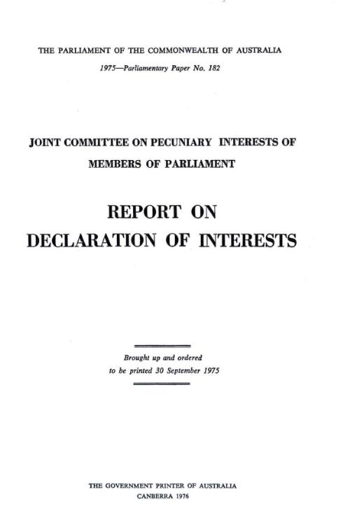 Report on declaration of interests / Joint Committee on Pecuniary Interests of Members of Parliament