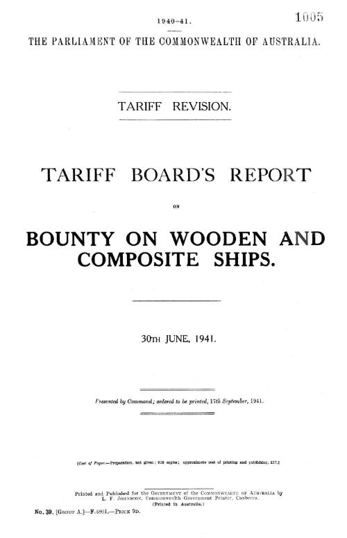 Tariff Board's report on bounty on wooden and composite ships, 30th June, 1941
