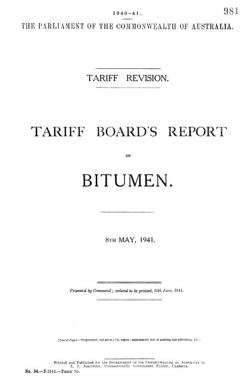 Tariff Board's report on bitumen, 8th May, 1941