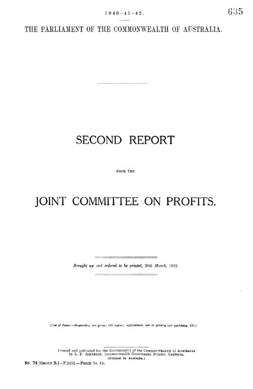 Second report / from the Joint Committee on Profits