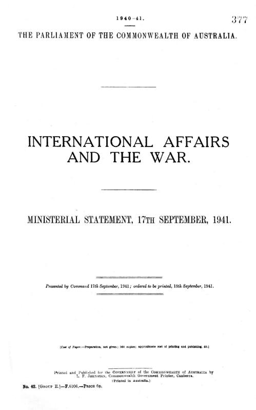 International affairs and the War : Ministerial statement, 17th September, 1941