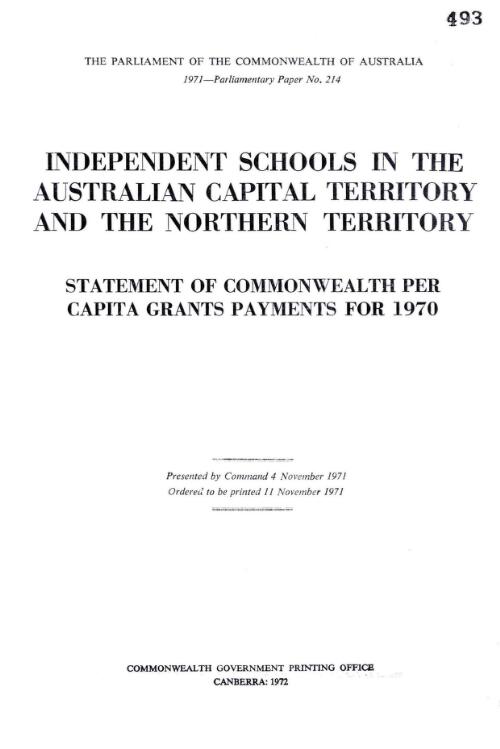 Independent schools in the Australian Capital Territory and the Northern Territory : statement of Commonwealth per capita grants payments for 1970