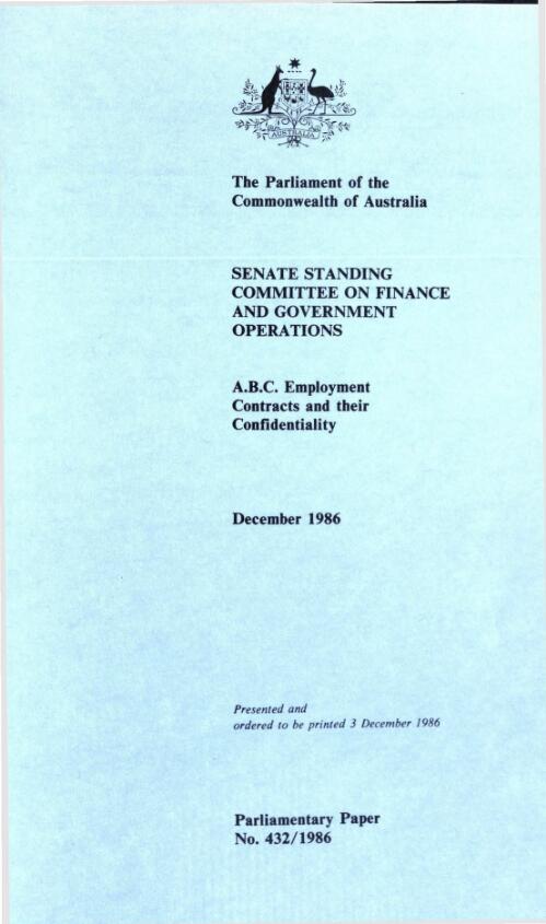 A.B.C. employment contracts and their confidentiality : December 1986 / Senate Standing Committee on Finance and Government Operations