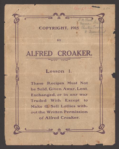 [Lolly recipes] / Alfred Croaker