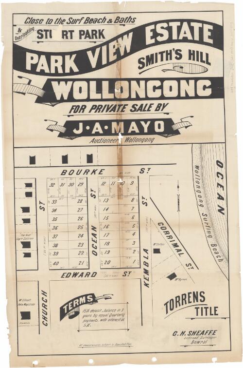 Close to the surf beach & baths & overlooking Stuart Park, Park View Estate, Smith's Hill, Wollongong [cartographic material] / for private sale by J.A. Mayo, auctioneer, Wollongong