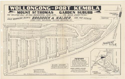 Wollongong - Port Kembla, Mount St. Thomas garden suburb [cartographic material] : the Bellevue Hill of this wonderful new city, its near everything / sole managing agents Braddock & Nalder Church Street, Wollongong, telephone Wollongong 247 for the estate