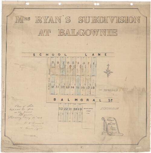 Mrs Ryan's subdivision at Balgownie [cartographic material] / surveyed and drawn by C. Weber, surveyor 6-4-08