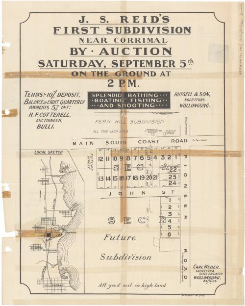 J. S. Reid's first subdivision near Corrimal [cartographic material] : by auction Saturday, September 5th on the ground at 2 p.m. / H.F. Cotterell, auctioneer, Bulli