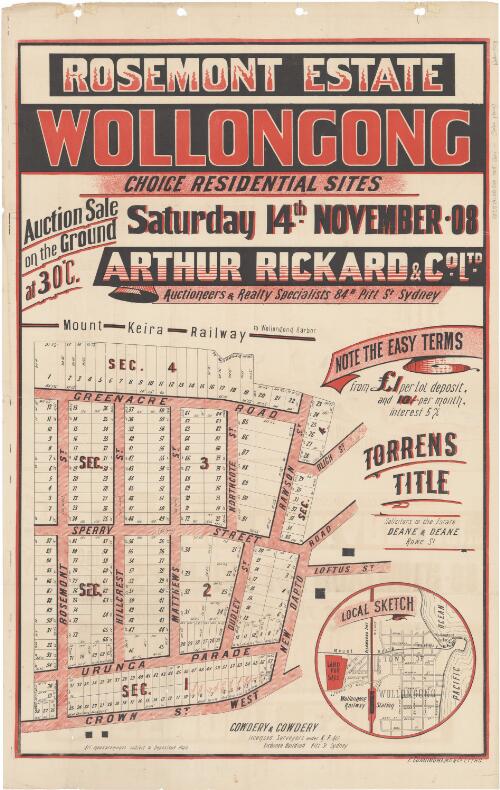 Rosemont Estate, Wollongong [cartographic material] : choice residential sites, auction sale on the ground at 3 o'c. Saturday 14th November 08 / Arthur Rickard & Co. Ltd. auctioneers & realty specialists 84B Pitt St. Sydney